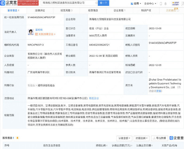 珠海格力预制菜装备科技发展有限公司成立