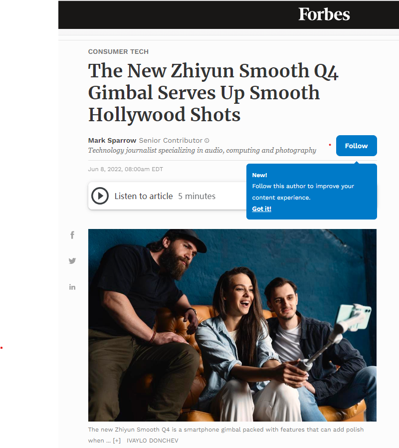福布斯：智云SMOOTH-Q4云台，手机摄影轻松达到好莱坞级